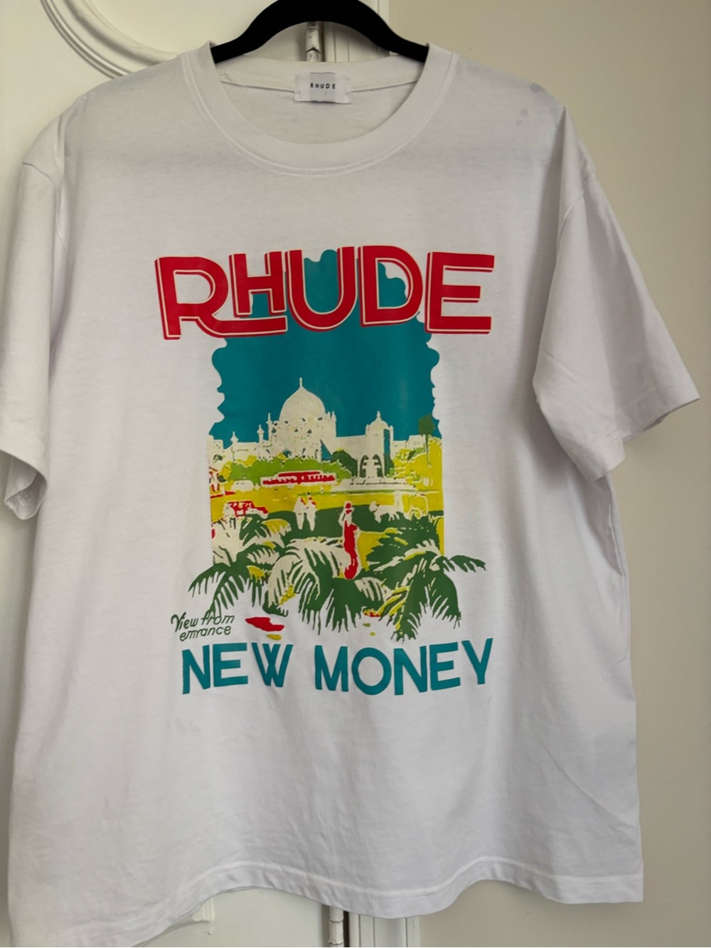 Rhude White Graphic 'New Money' Tee with Red & Teal Print